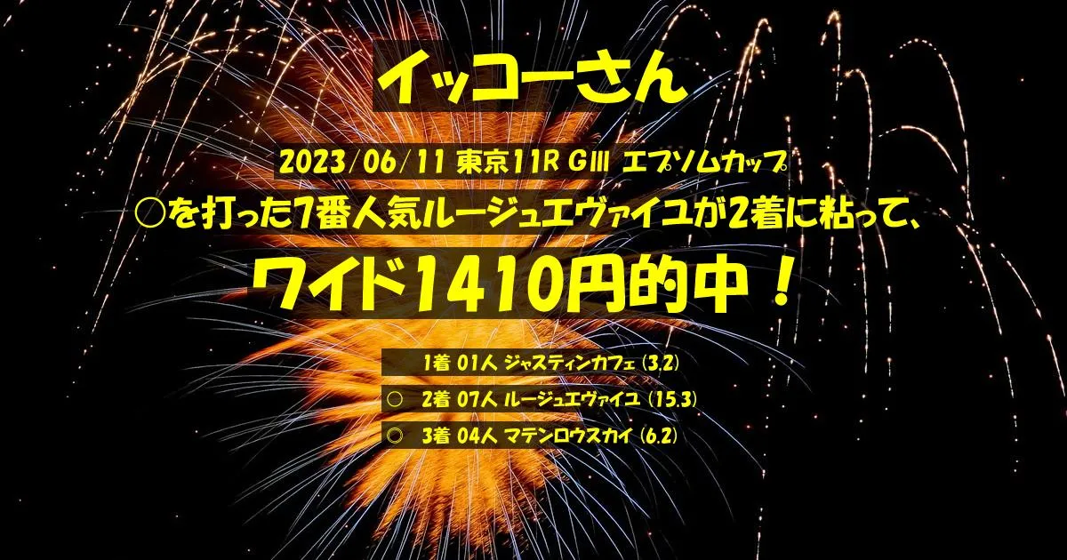 イッコーさん2023/06/11&nbsp;東京11R的中 332%回収