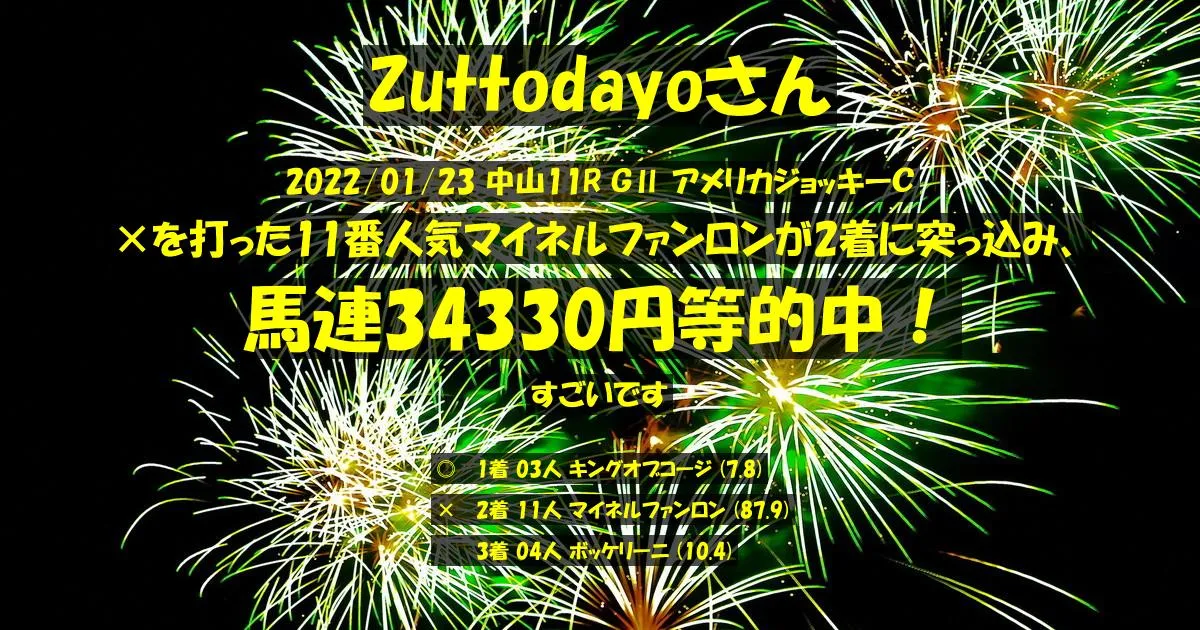 Zuttodayoさん2022/01/23&nbsp;中山11R的中 1593%回収