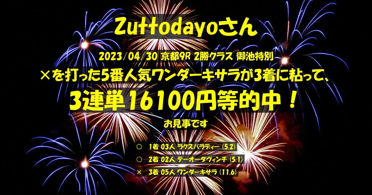 Zuttodayoさん2023/04/30&nbsp;京都09R的中 950%回収