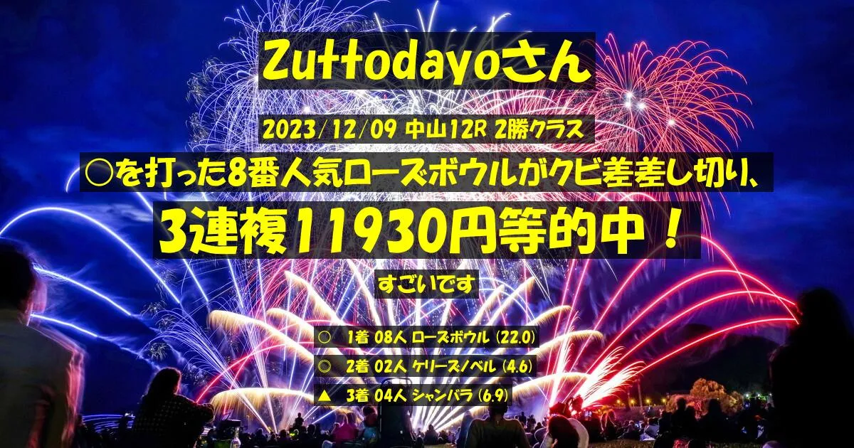Zuttodayoさん2023/12/09&nbsp;中山12R的中 1150%回収