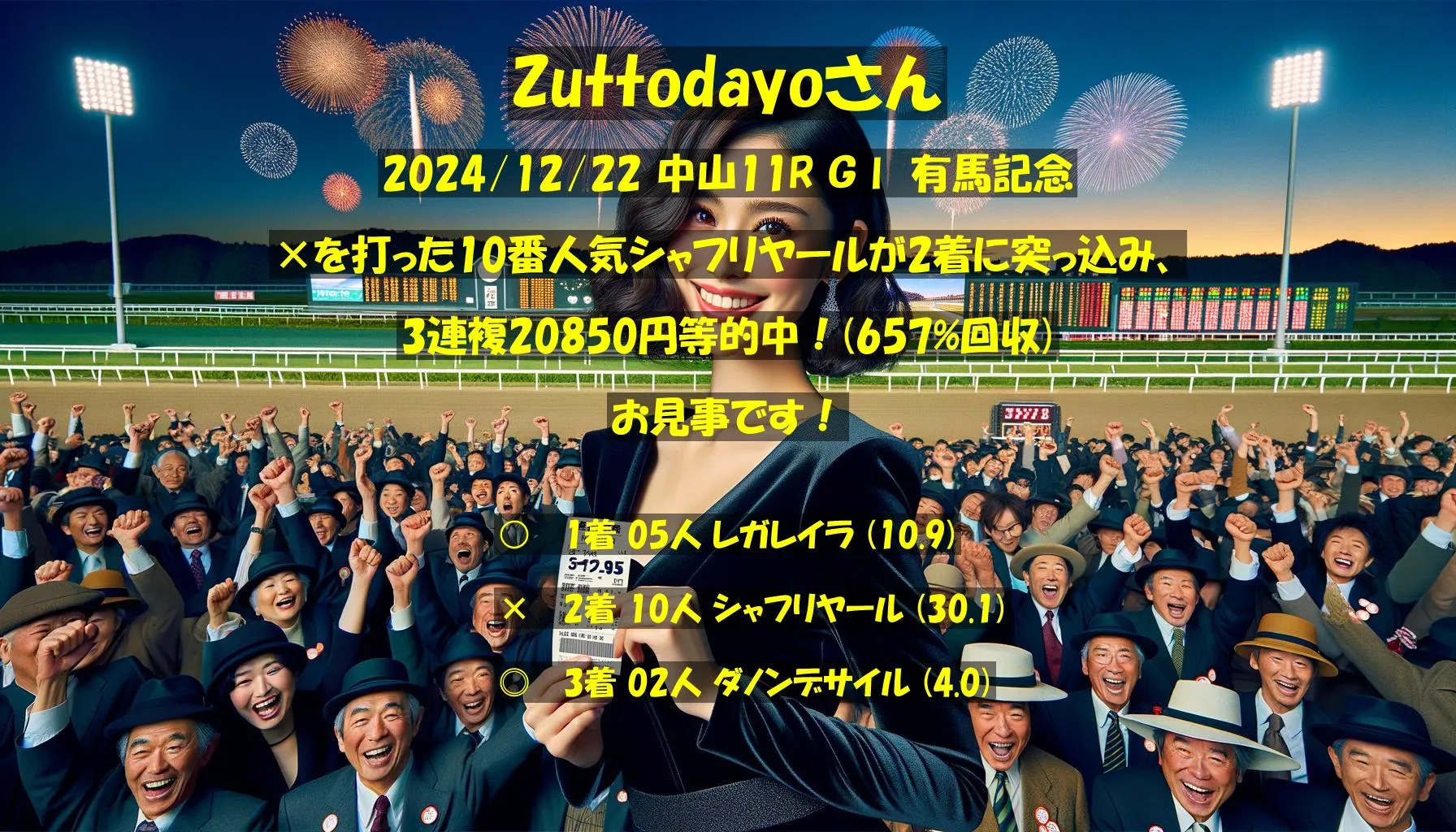 Zuttodayoさん2024/12/22&nbsp;中山11R的中 657%回収