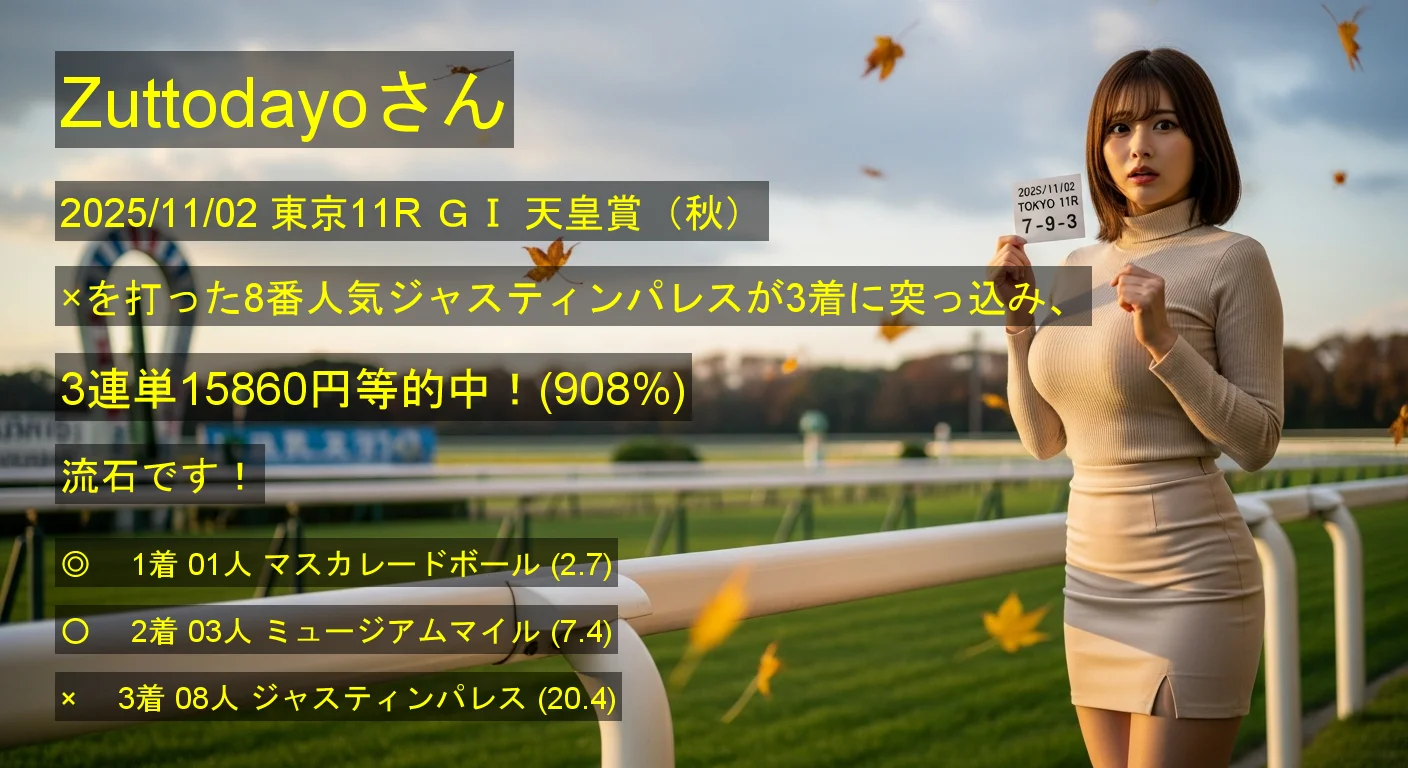 Zuttodayoさん2025/11/02&nbsp;東京11R的中 908%回収