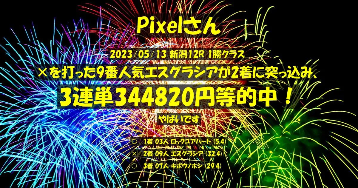 Pixelさん2023/05/13&nbsp;新潟12R的中 6176%回収