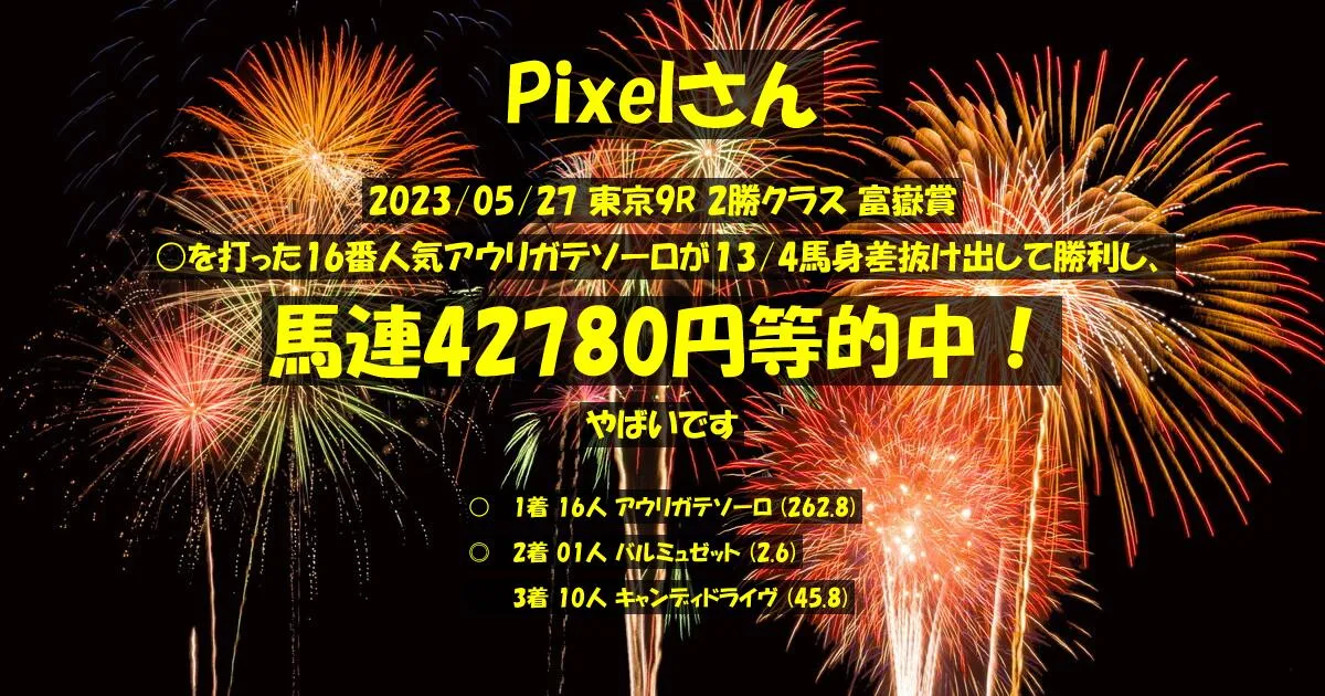 Pixelさん2023/05/27&nbsp;東京09R的中 5285%回収