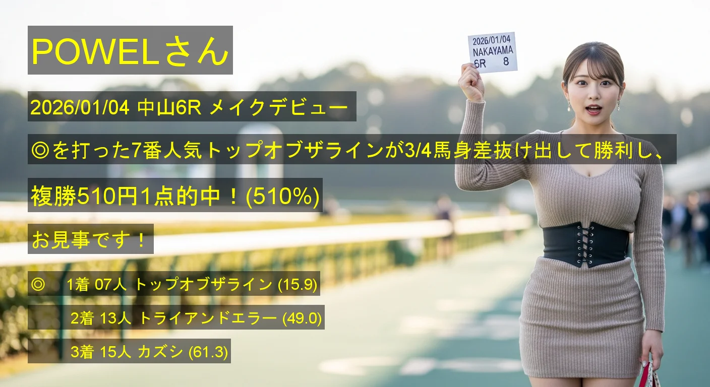 POWELさん2026/01/04&nbsp;中山06R的中 510%回収