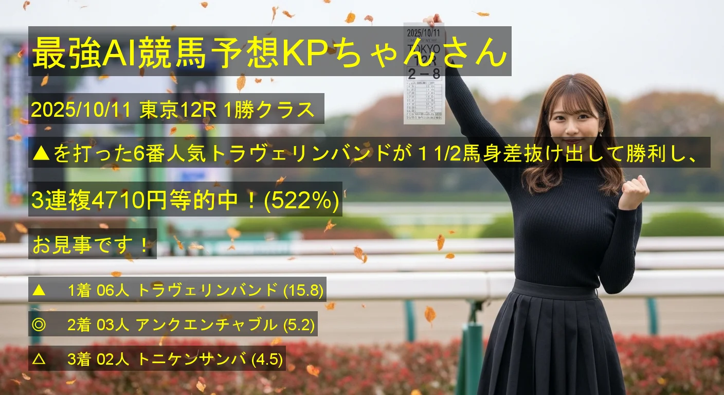最強AI競馬予想KPちゃんさん2025/10/11&nbsp;東京12R的中 522%回収