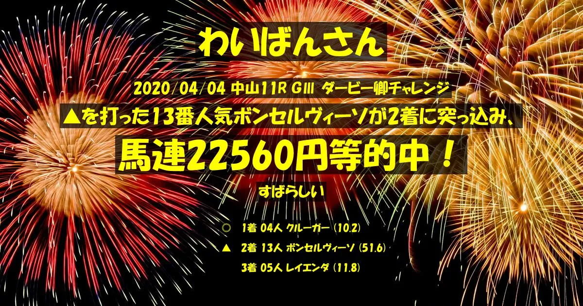 わいばんさん2020/04/04&nbsp;中山11R的中 3788%回収