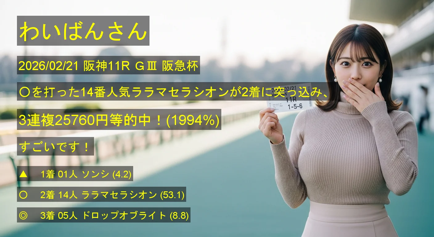 わいばんさん2026/02/21&nbsp;阪神11R的中 1994%回収