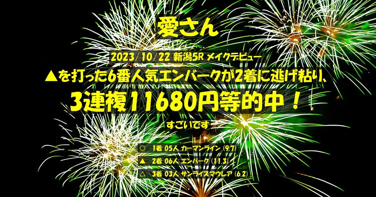 愛さん2023/10/22&nbsp;新潟05R的中 1302%回収