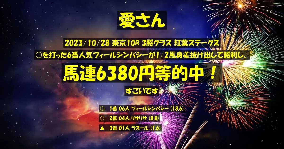 愛さん2023/10/28&nbsp;東京10R的中 1932%回収