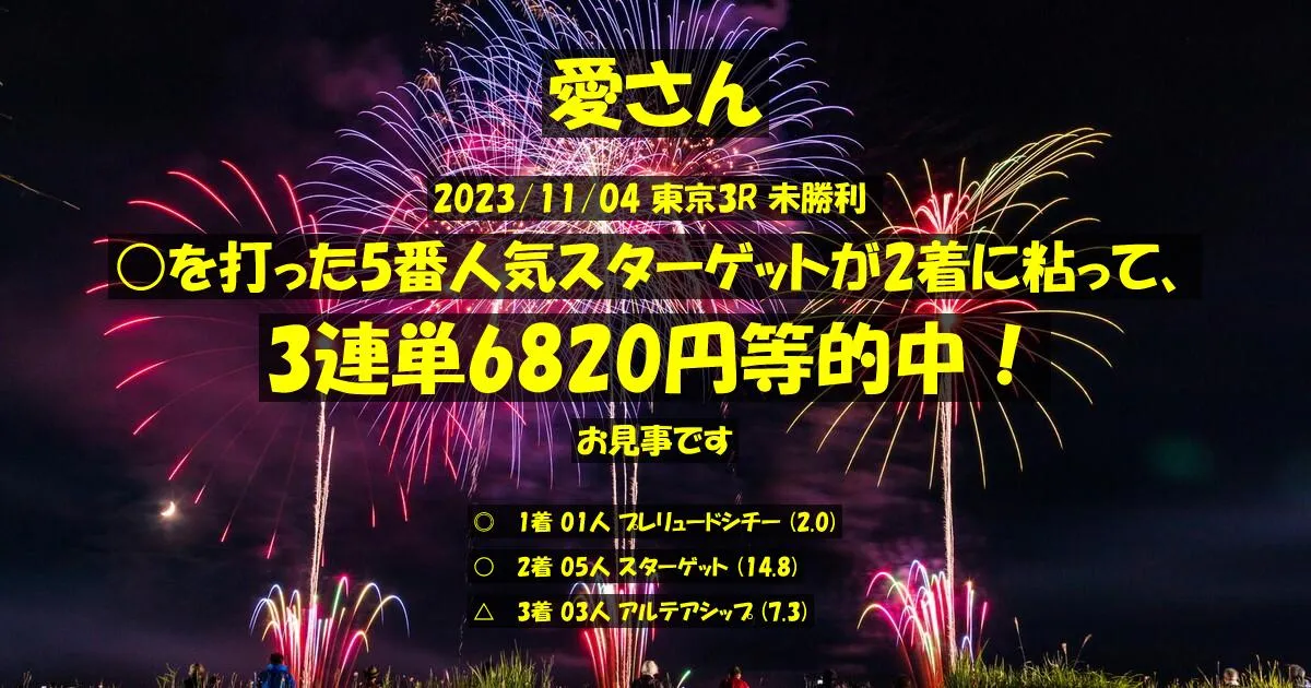 愛さん2023/11/04&nbsp;東京03R的中 698%回収