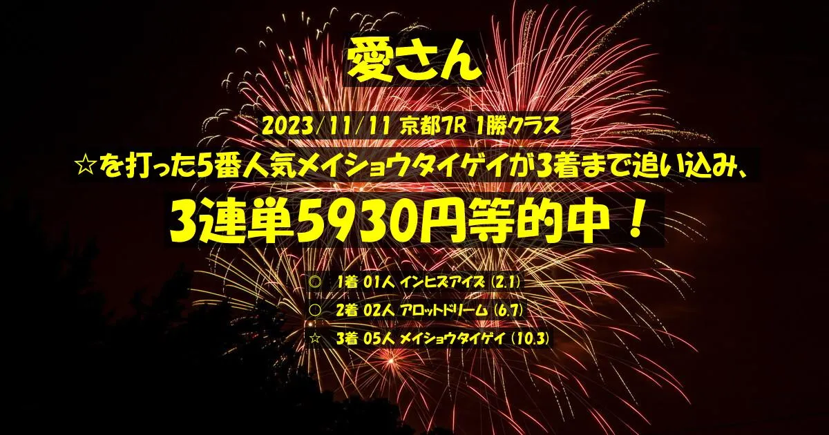 愛さん2023/11/11&nbsp;京都07R的中 457%回収