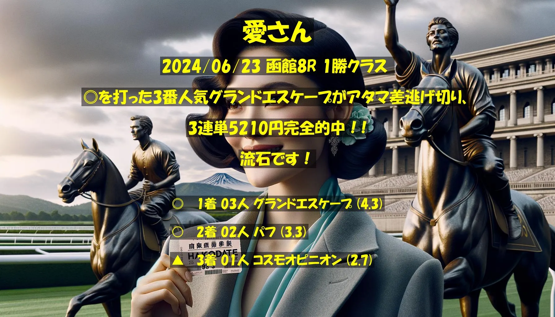 愛さん2024/06/23&nbsp;函館08R的中 702%回収