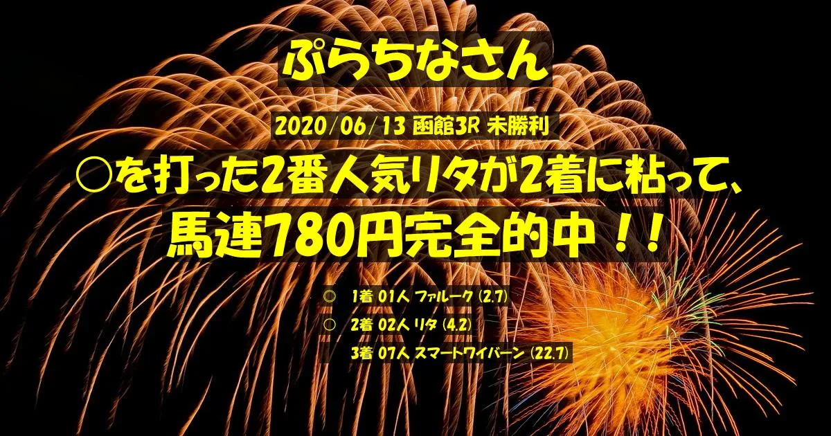 ぷらちなさん2020/06/13&nbsp;函館03R的中 373%回収