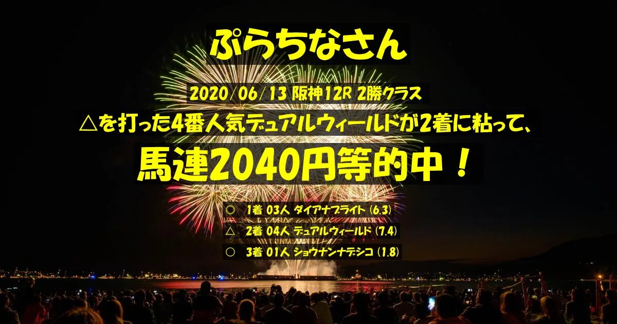 ぷらちなさん2020/06/13&nbsp;阪神12R的中 326%回収