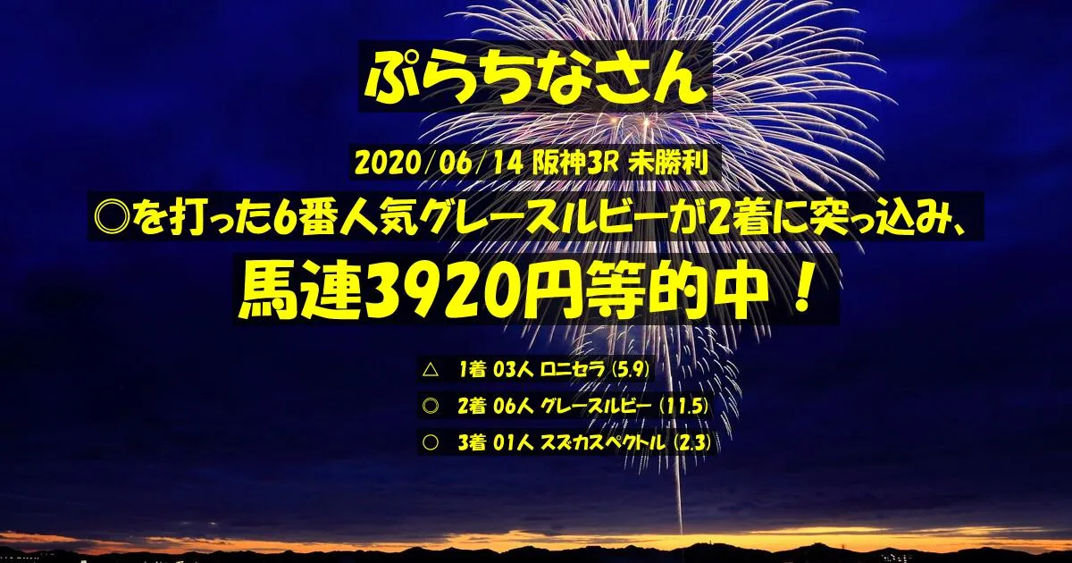 ぷらちなさん2020/06/14&nbsp;阪神03R的中 432%回収