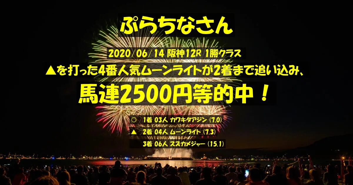 ぷらちなさん2020/06/14&nbsp;阪神12R的中 496%回収