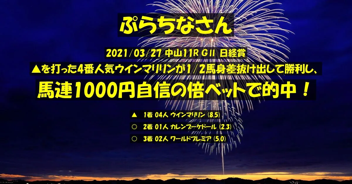 ぷらちなさん2021/03/27&nbsp;中山11R的中 353%回収
