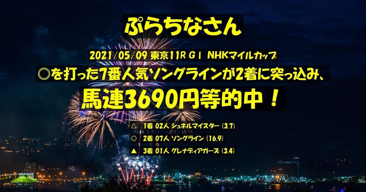 ぷらちなさん2021/05/09&nbsp;東京11R的中 334%回収