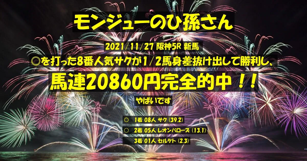 モンジューのひ孫さん2021/11/27&nbsp;阪神05R的中 9166%回収