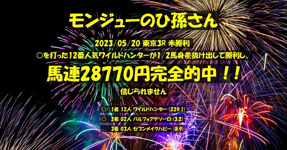 モンジューのひ孫さん2023/05/20&nbsp;東京03R的中 19855%回収