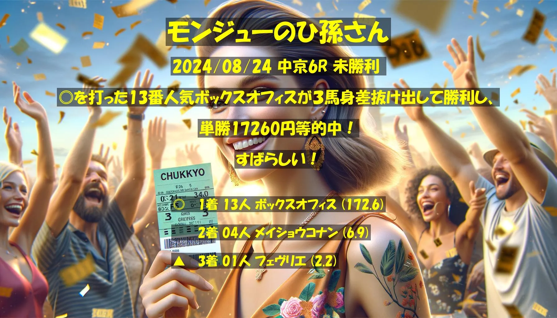 モンジューのひ孫さん2024/08/24&nbsp;中京06R的中 3346%回収
