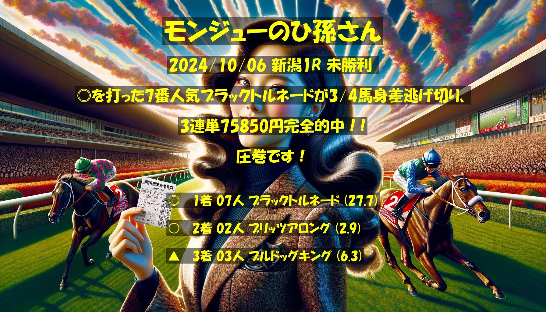 モンジューのひ孫さん2024/10/06&nbsp;新潟01R的中 4049%回収