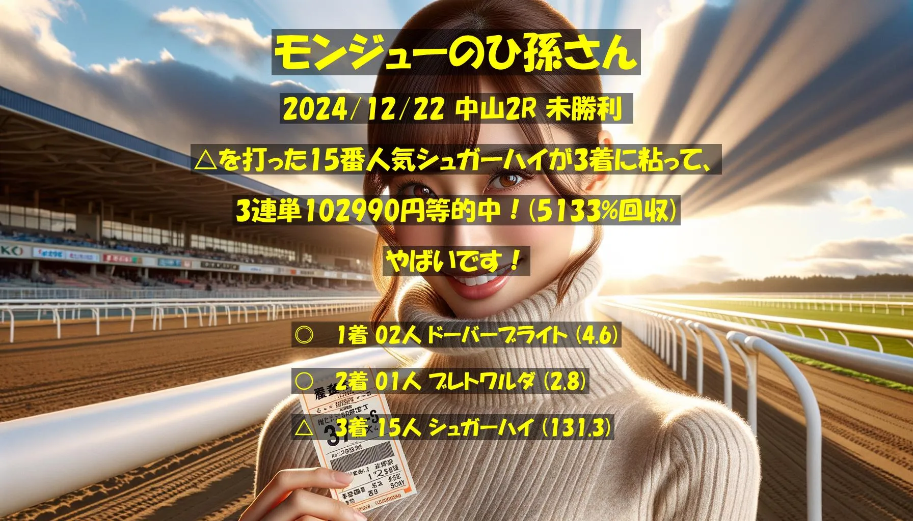 モンジューのひ孫さん2024/12/22&nbsp;中山02R的中 5133%回収