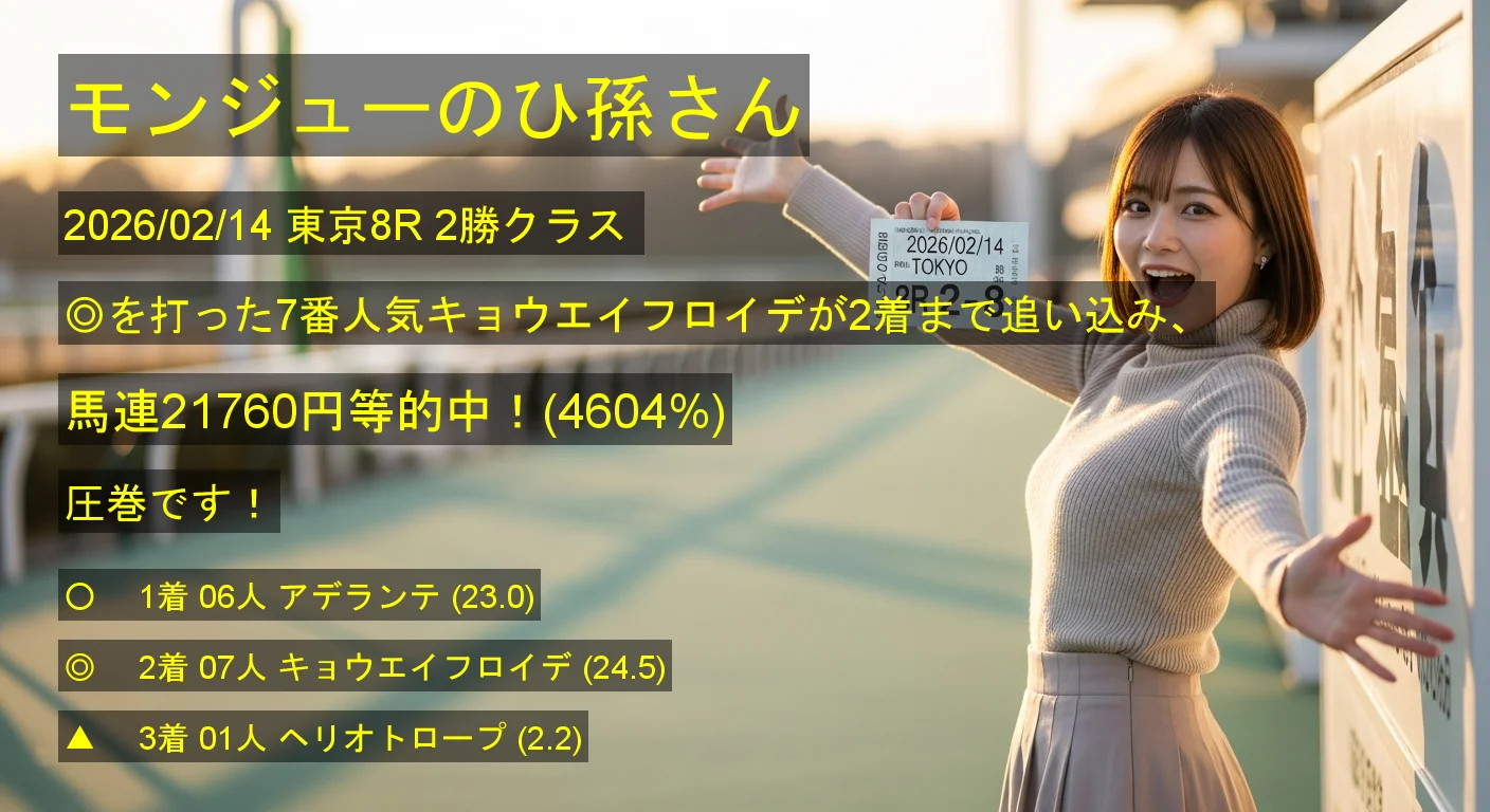 モンジューのひ孫さん2026/02/14&nbsp;東京08R的中 4604%回収