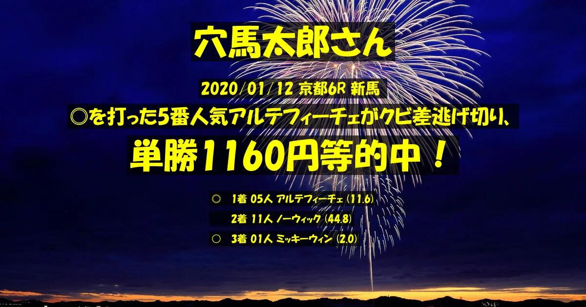 穴馬太郎さん2020/01/12&nbsp;京都06R的中 314%回収