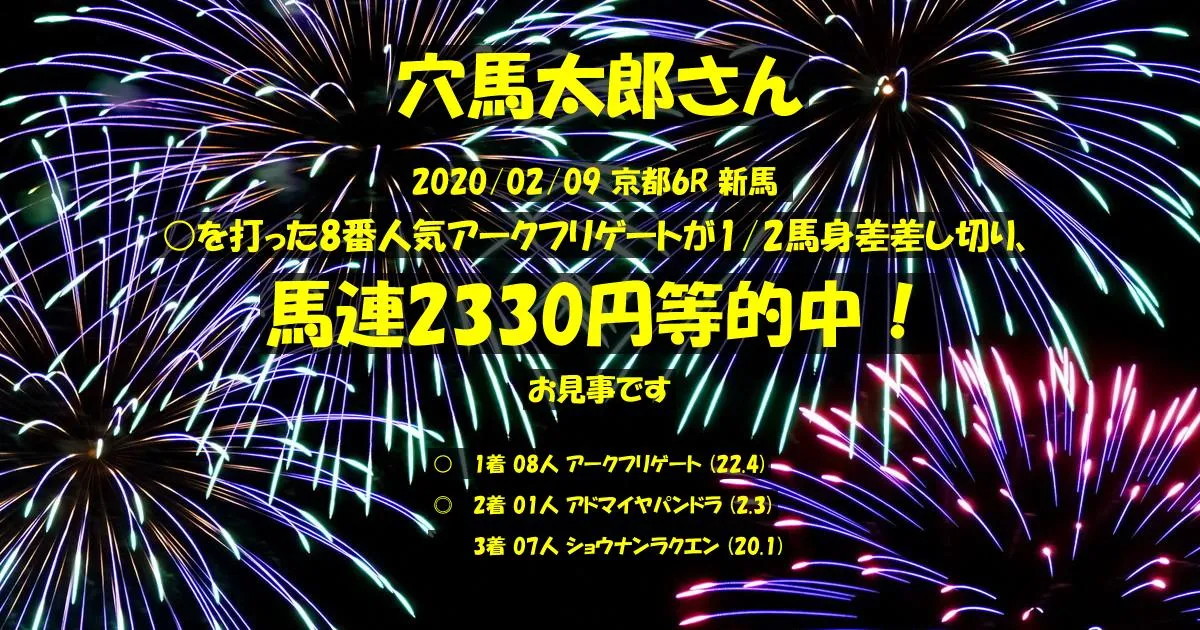 穴馬太郎さん2020/02/09&nbsp;京都06R的中 560%回収
