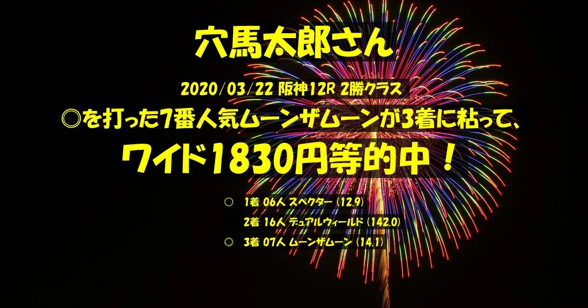 穴馬太郎さん2020/03/22&nbsp;阪神12R的中 307%回収