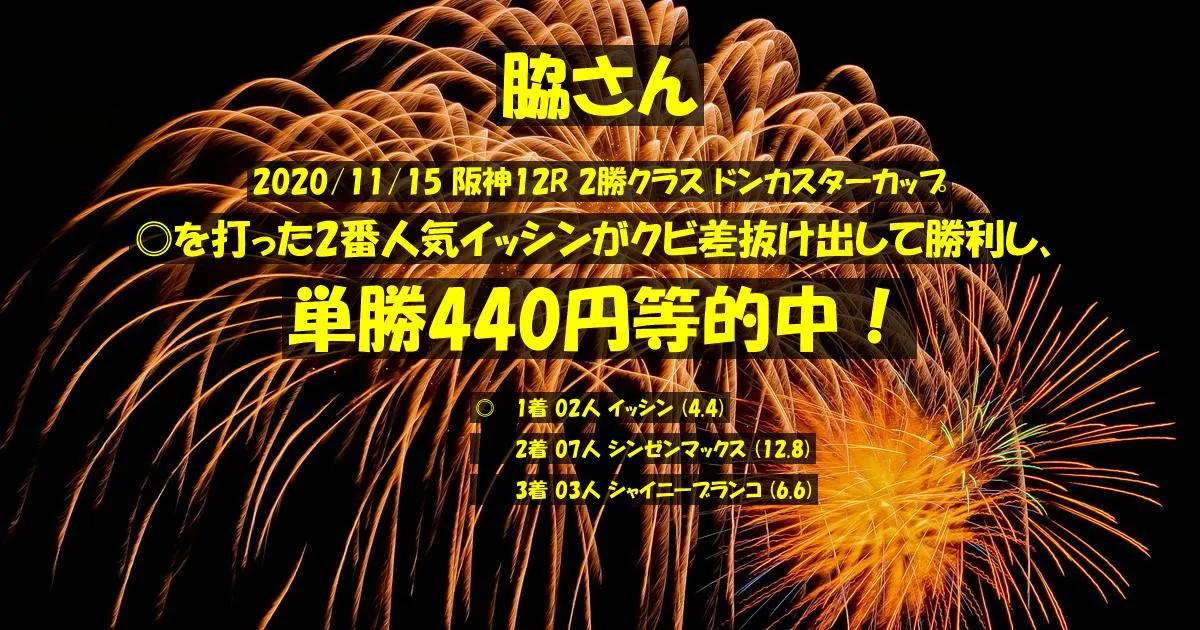 脇さん2020/11/15&nbsp;阪神12R的中 310%回収