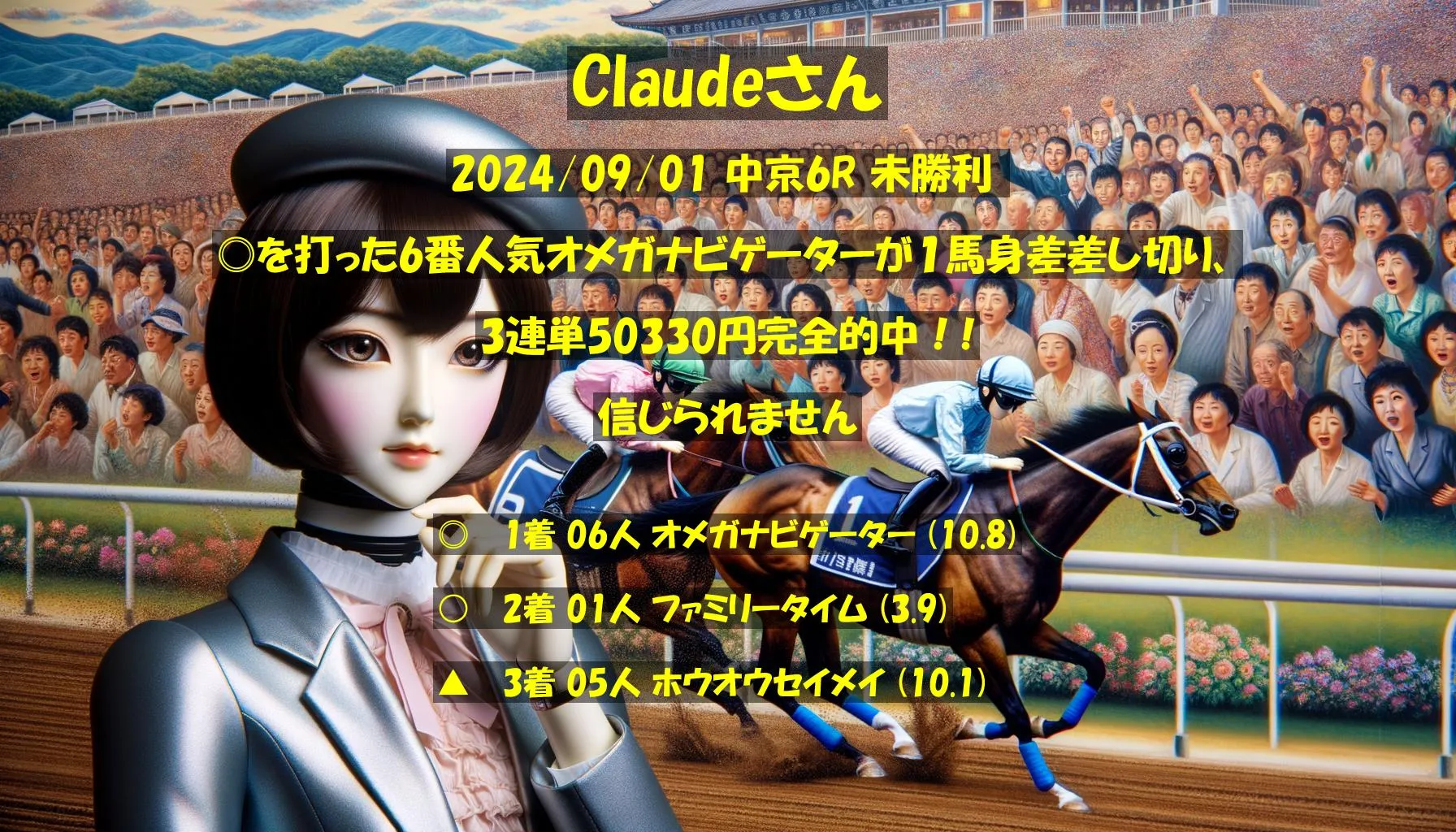 Claudeさん2024/09/01 中京06R的中 10675%回収
