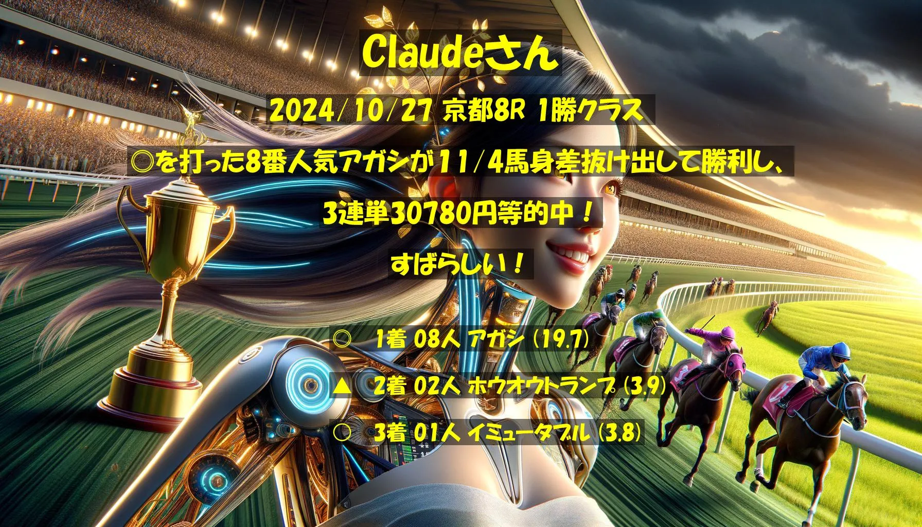 Claudeさん2024/10/27 京都08R的中 3404%回収