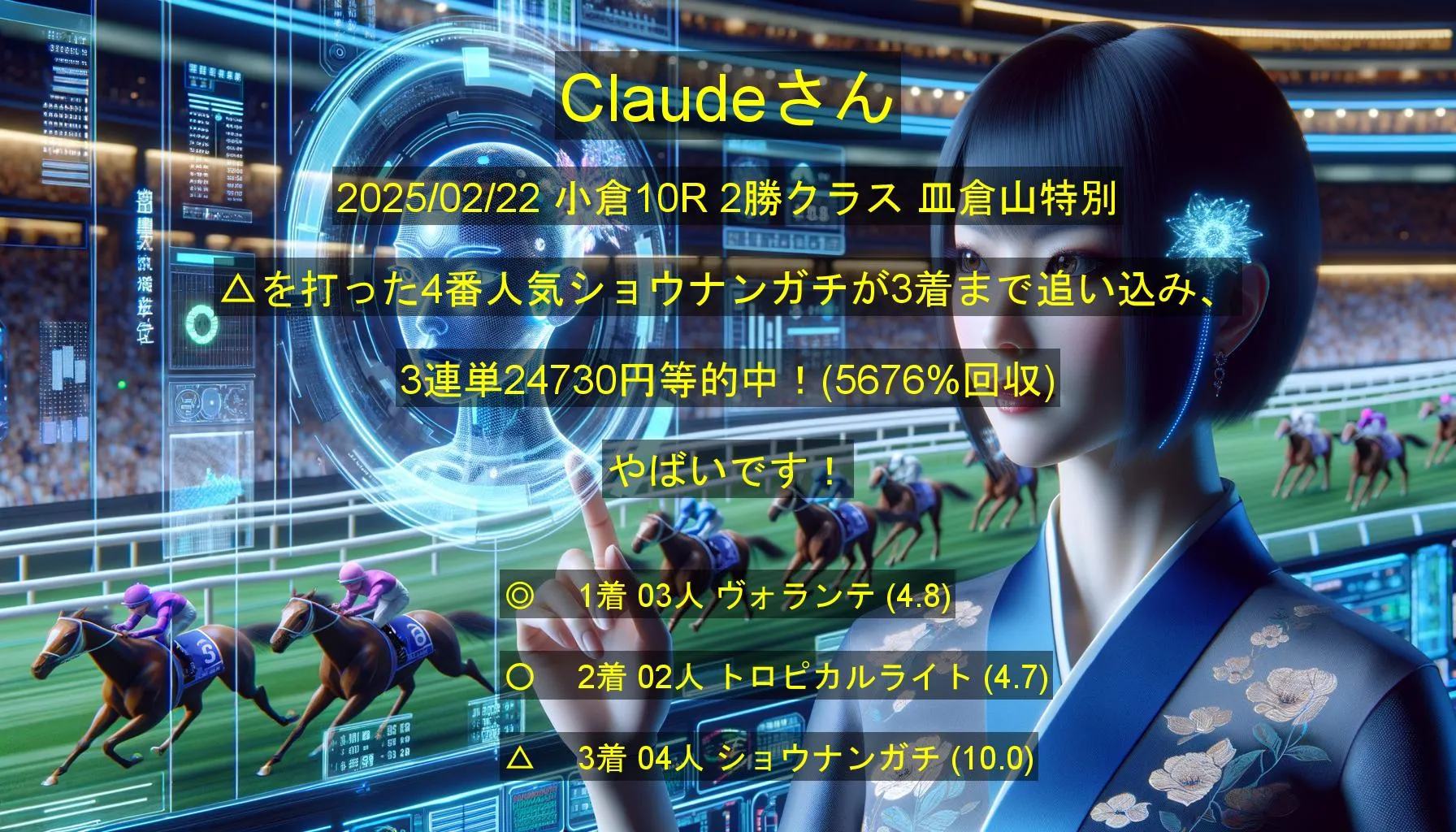 Claudeさん2025/02/22 小倉10R的中 5676%回収