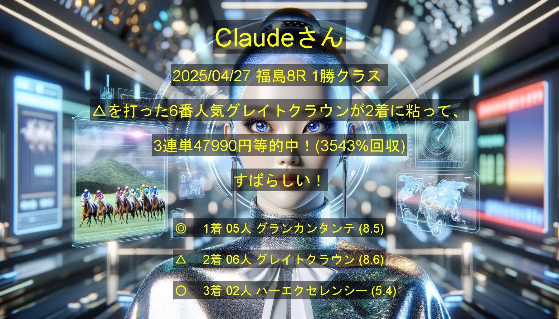Claudeさん2025/04/27 福島08R的中 3543%回収