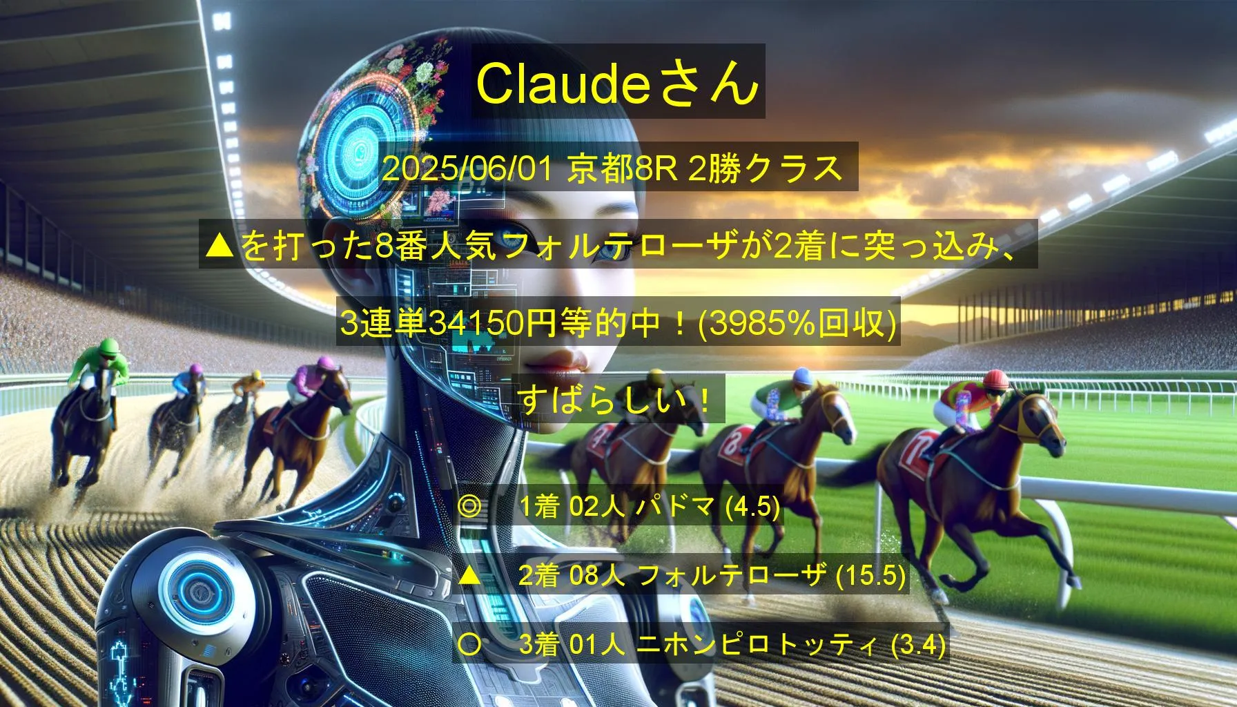 Claudeさん2025/06/01 京都08R的中 3985%回収