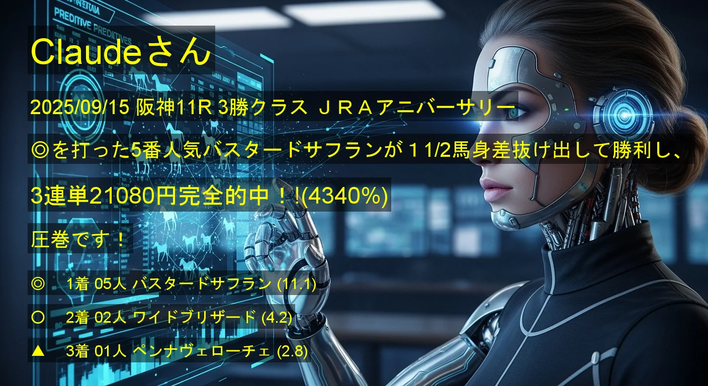 Claudeさん2025/09/15&nbsp;阪神11R的中 4340%回収