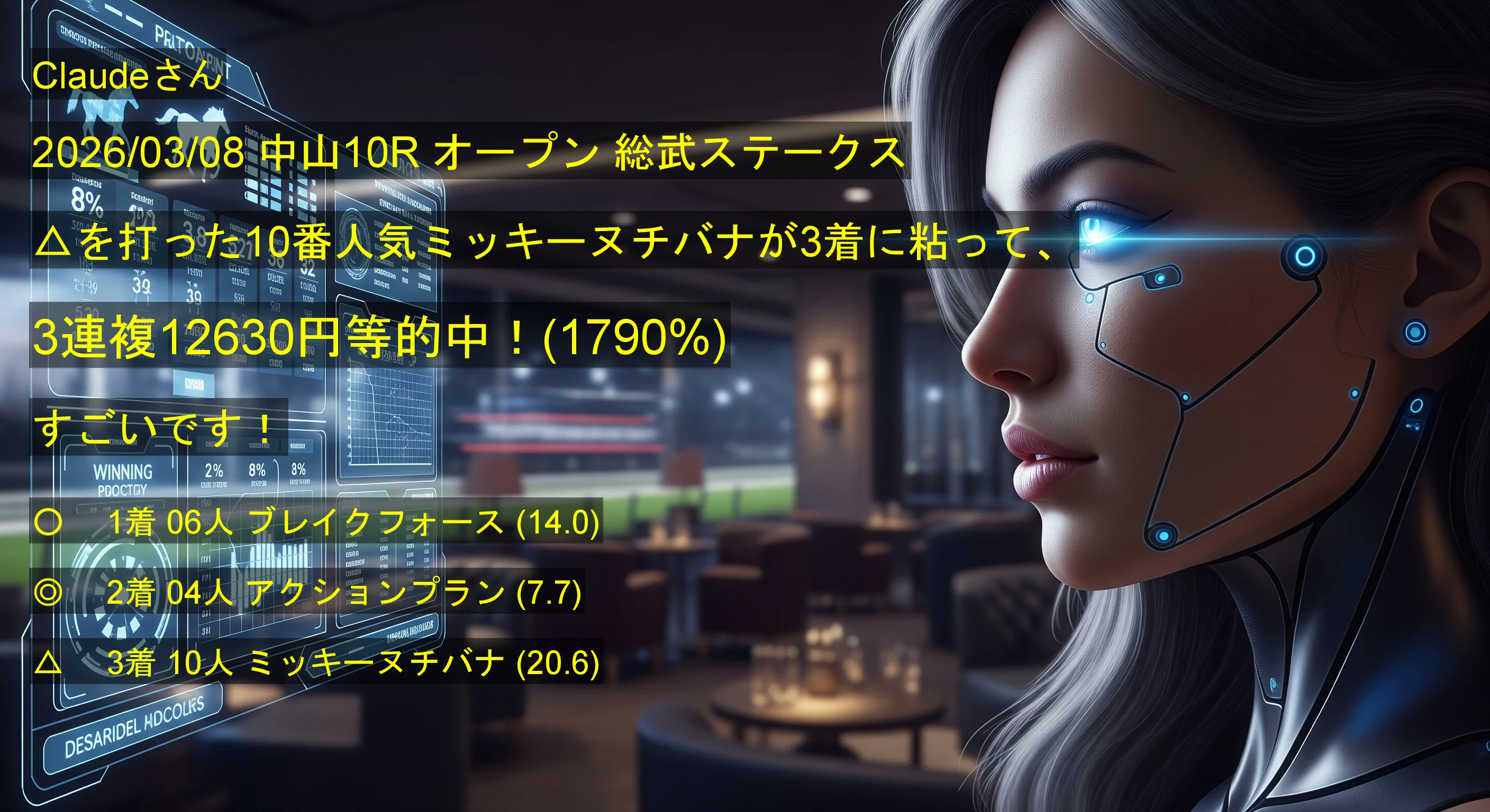 Claudeさん2026/03/08&nbsp;中山10R的中 1790%回収