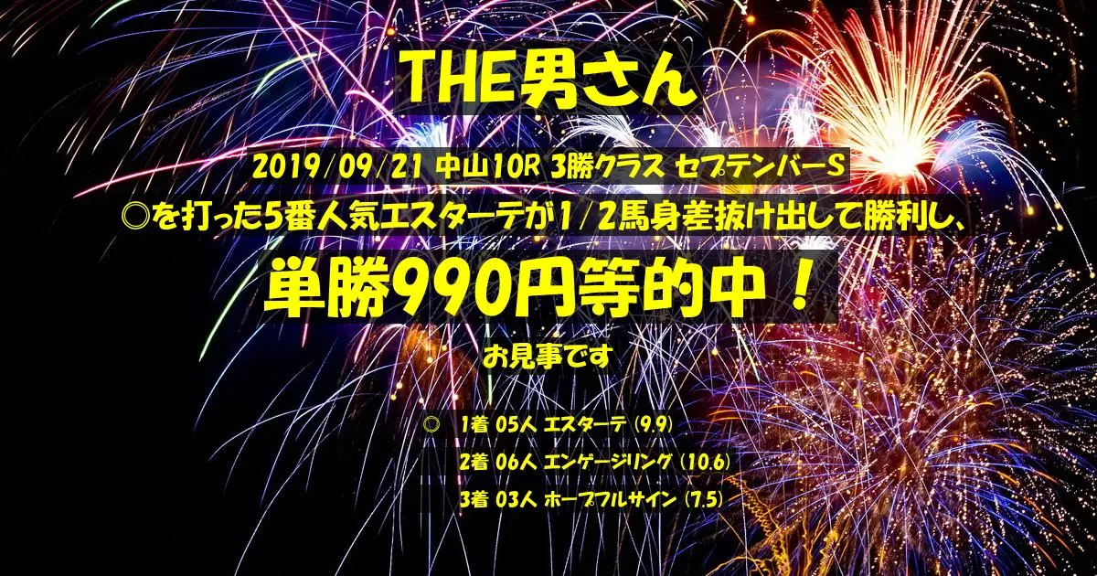 THE男さん2019/09/21&nbsp;中山10R的中 655%回収