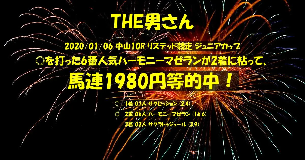 THE男さん2020/01/06&nbsp;中山10R的中 392%回収