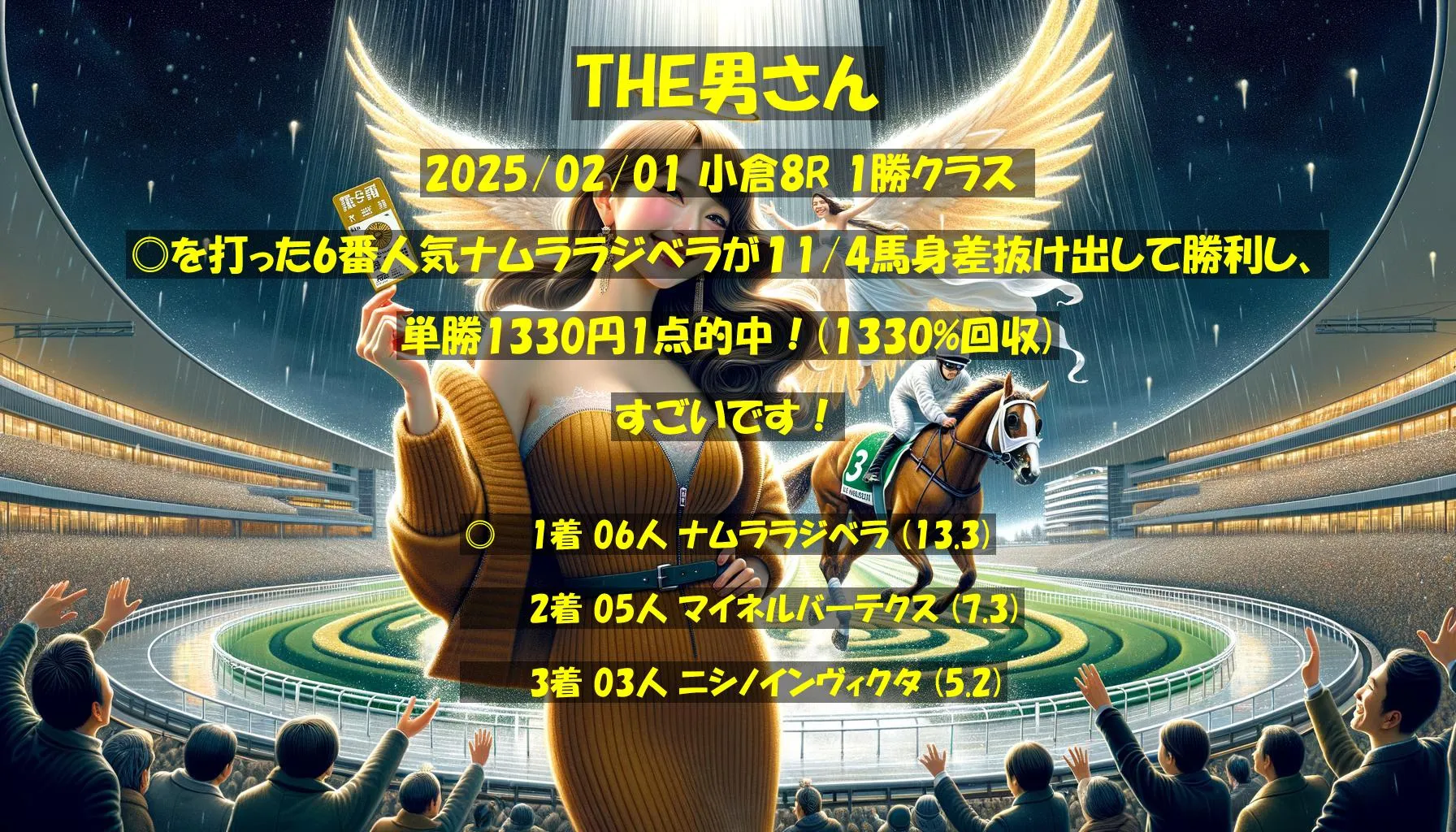 THE男さん2025/02/01&nbsp;小倉08R的中 1330%回収