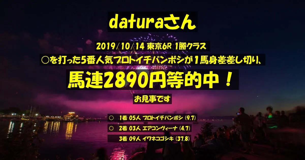 daturaさん2019/10/14&nbsp;東京06R的中 878%回収