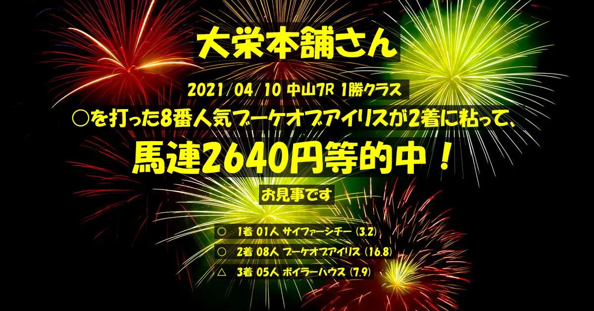 大栄本舗さん2021/04/10&nbsp;中山07R的中 644%回収