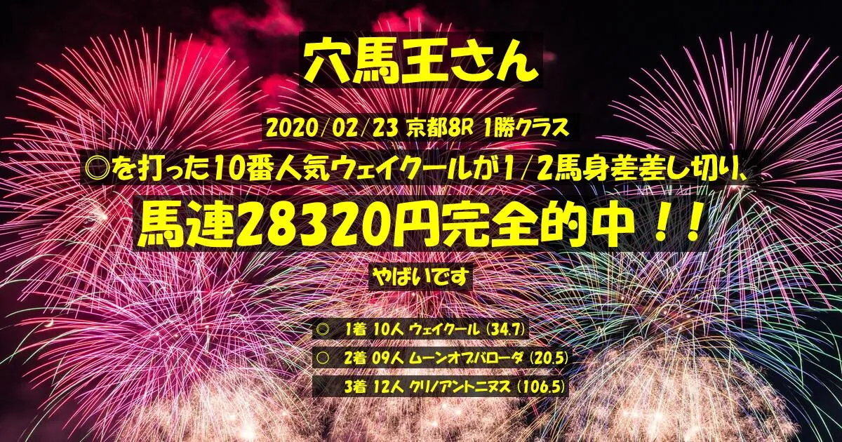 穴馬王さん2020/02/23&nbsp;京都08R的中 8606%回収