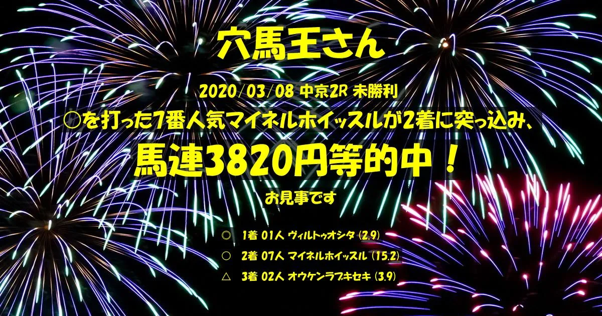 穴馬王さん2020/03/08&nbsp;中京02R的中 782%回収