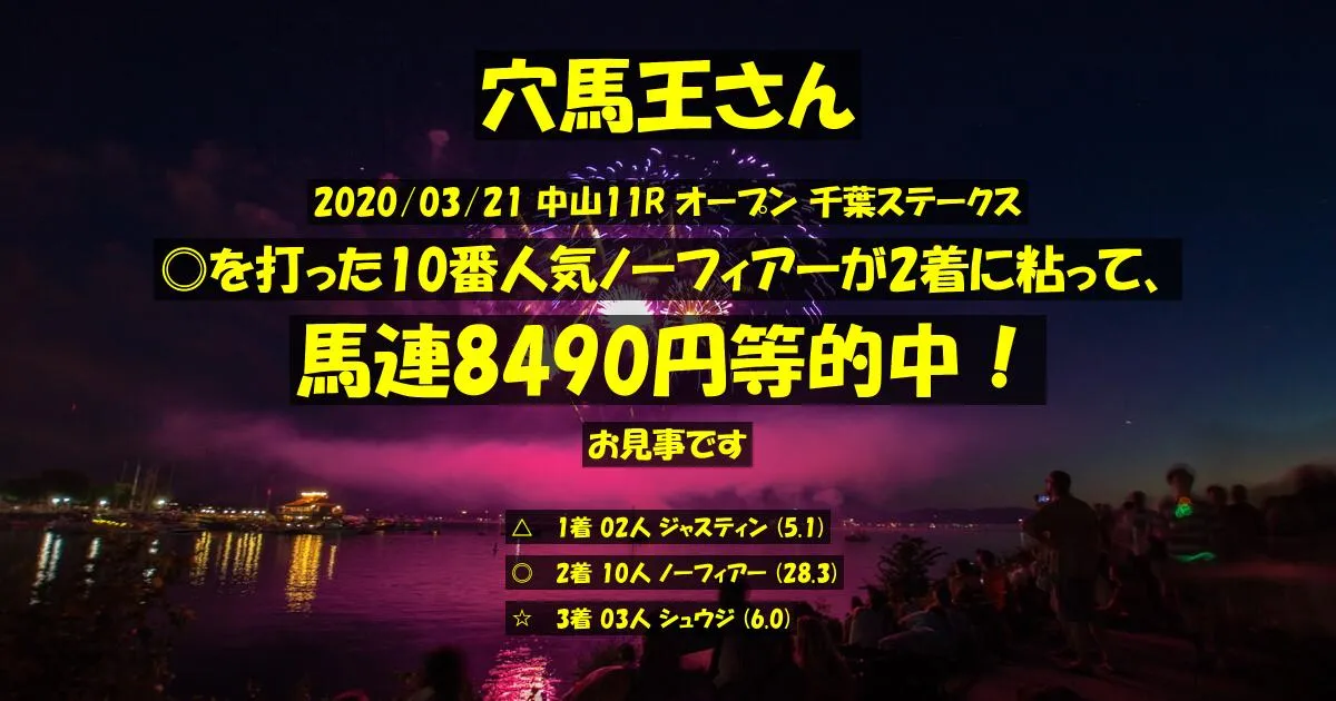 穴馬王さん2020/03/21&nbsp;中山11R的中 898%回収
