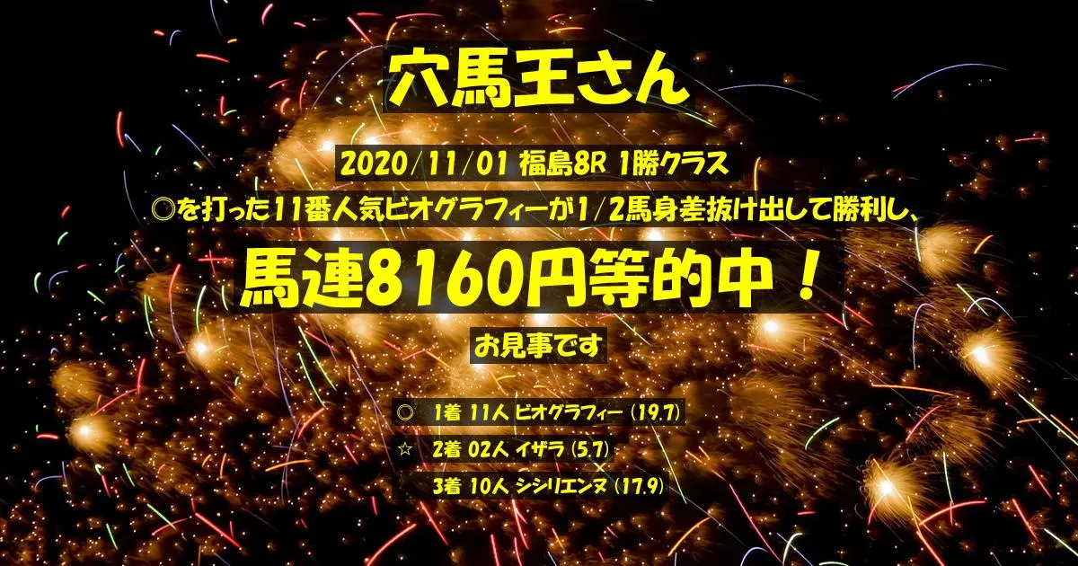 穴馬王さん2020/11/01&nbsp;福島08R的中 632%回収