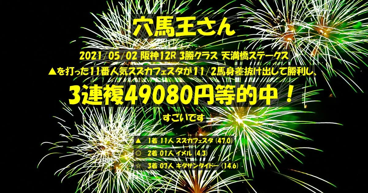 穴馬王さん2021/05/02&nbsp;阪神12R的中 1811%回収